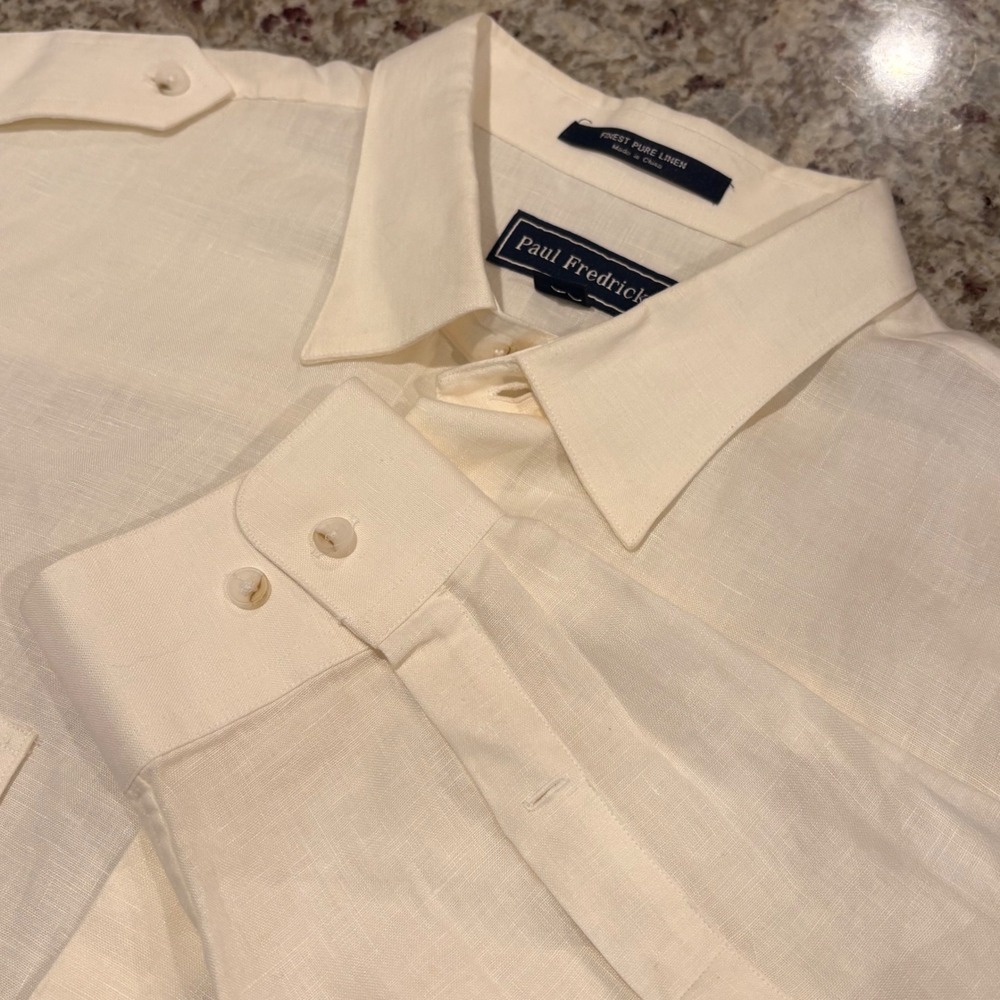 Paul Fredrick 100% Linen Shirt XLT Ivory Safari Military Epaulet Coastal